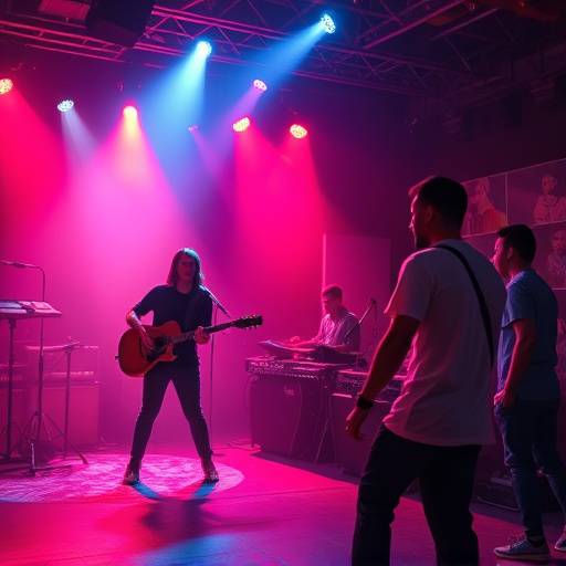 Escena de un video musical con iluminación vibrante