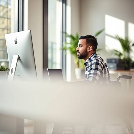 Un hombre en silla de ruedas trabajando en una computadora en un entorno de oficina accesible