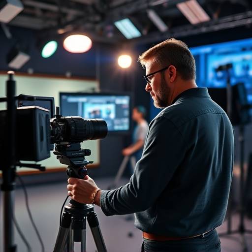 Un hombre trabajando en un estudio de televisión moderno, representando la tecnología avanzada